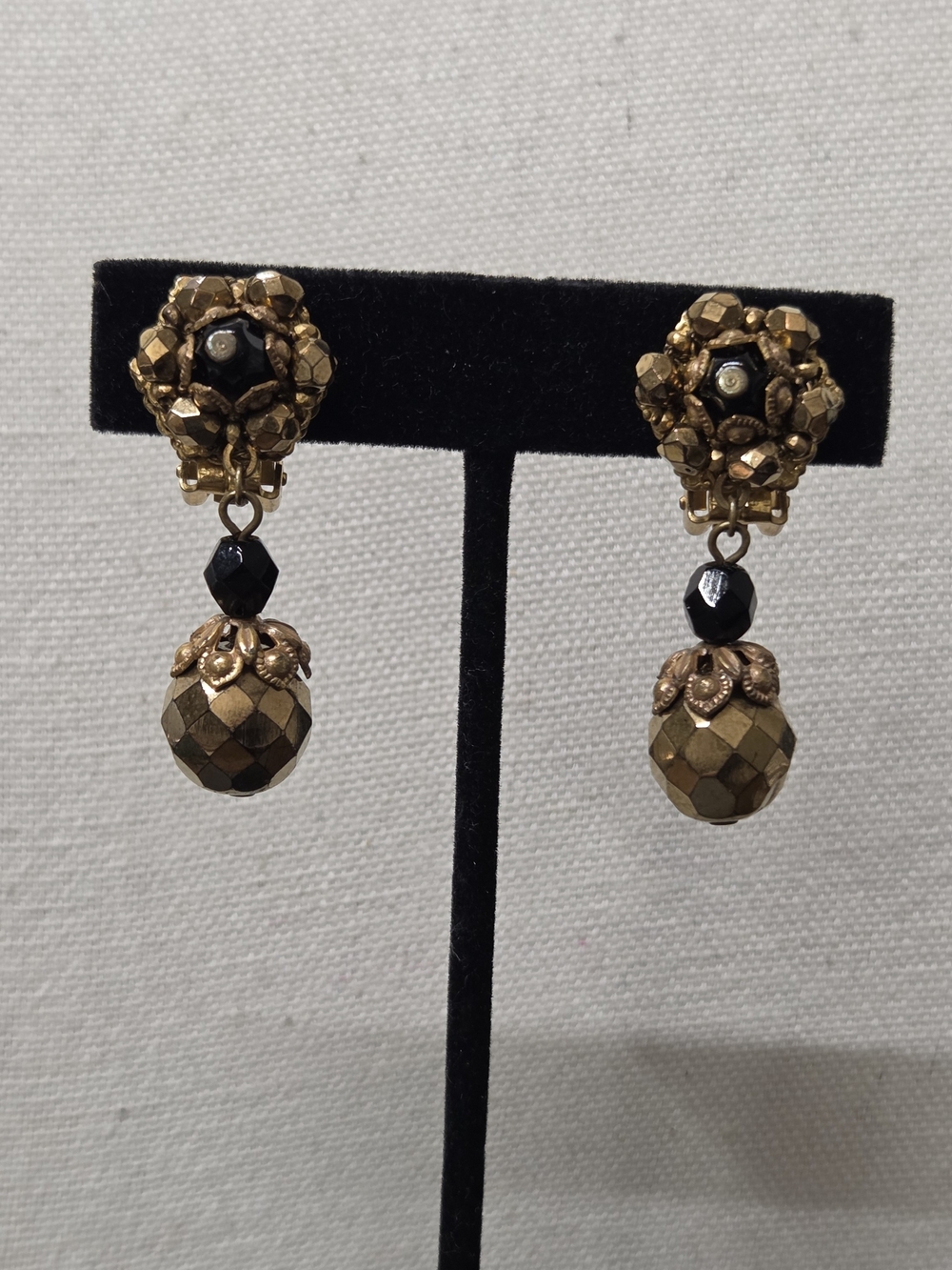 Vintage Miriam Haskell Gold and Black Crystal Dangle Earrings